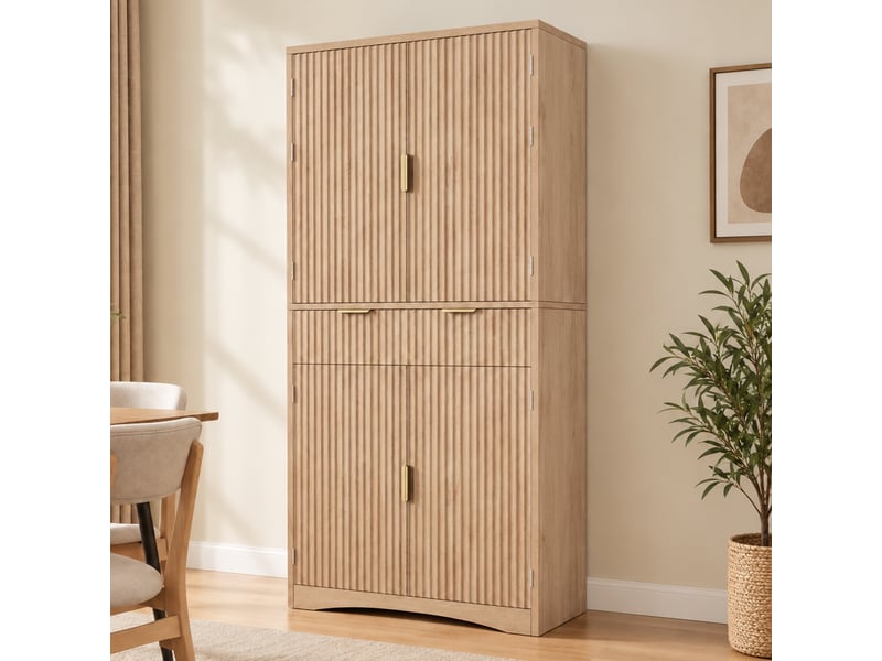  Meuble de cuisine muvano, façades rainurées, armoire haute de 180 cm, coloris bois clair  - Conforama C