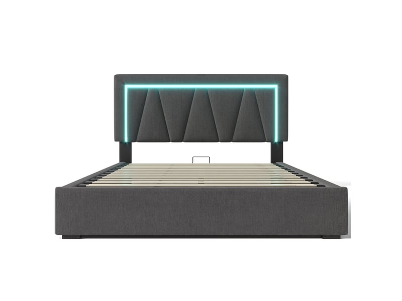  Lit coffre led 160x200 cm avec usb type c et éclairage led en lin gris avec matelas  - Conforama D