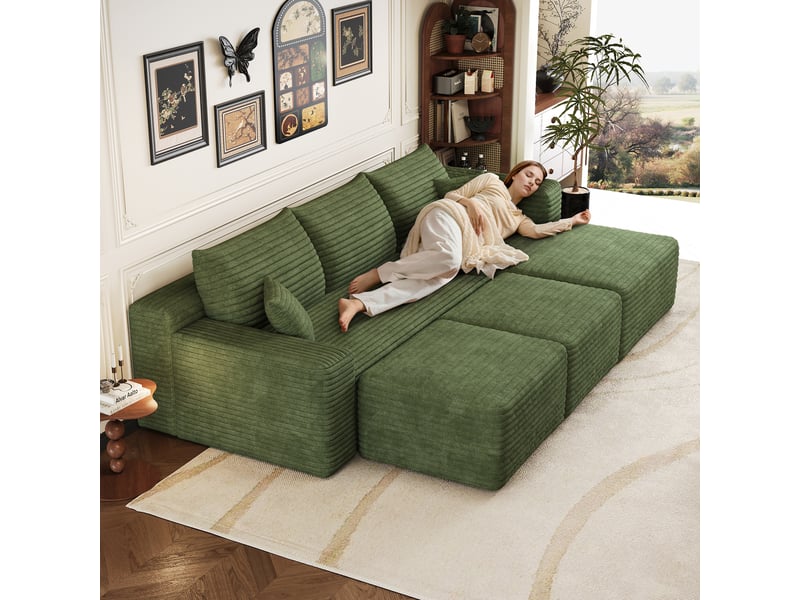 Canapé d'angle modulaire 3 places avec 2 poufs 241 x 151 x 58 cm, assise profonde, design nuage, livré monté, velours côtelé, vert Bliss Lite - Conforama E