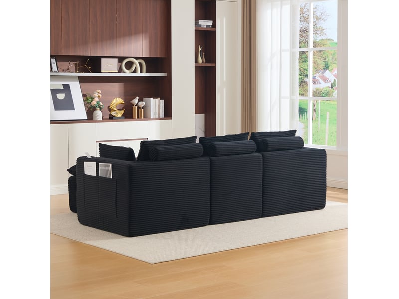 Canapé modulable 3 places en velours côtelé noir avec repose-pieds, poches et porte-gobelets pour salon - Conforama E