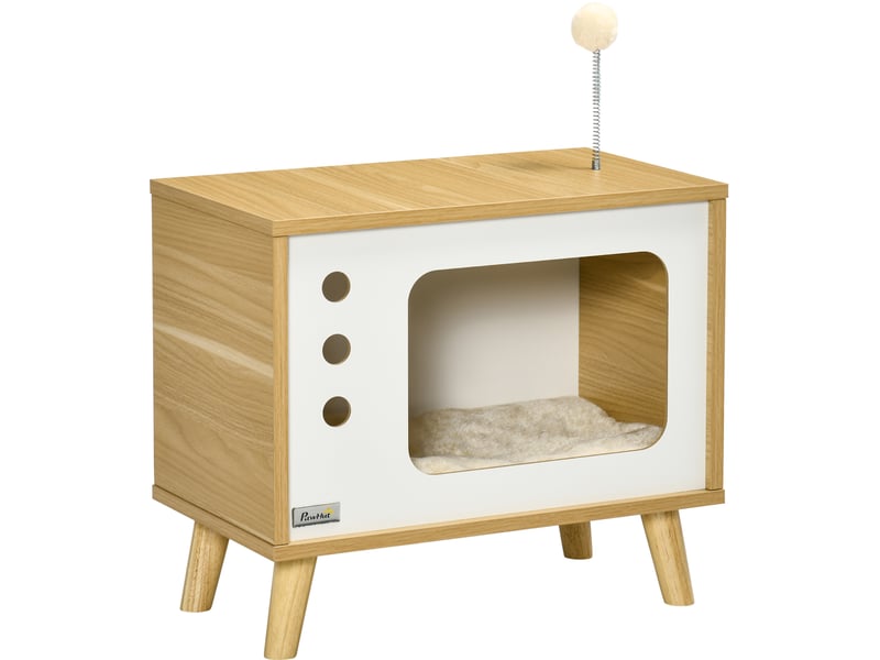  Meuble pour félins style téléviseur, beige, blanc et bois clair, coussin lavable et balle de jeu, 50 x 28 x 43 cm  - Conforama A