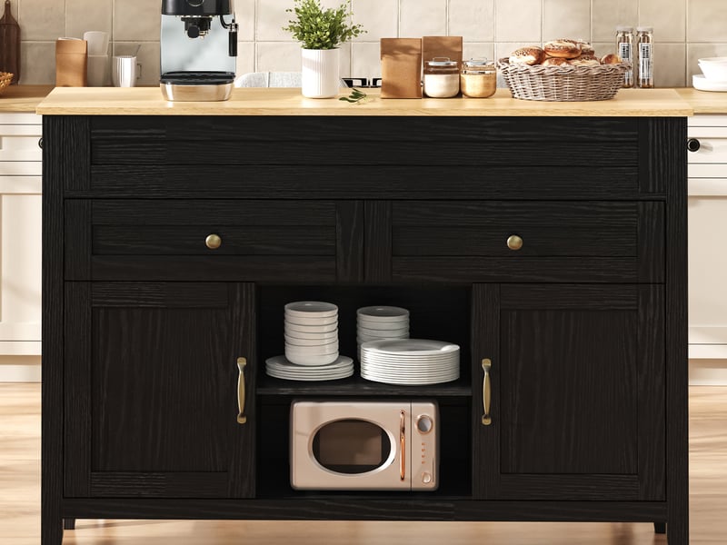  Îlot de cuisine 120 x 40-76 x 92 cm avec table coulissante, 2 tiroirs, 2 portes et rangements, noir, style contemporain  - Conforama B