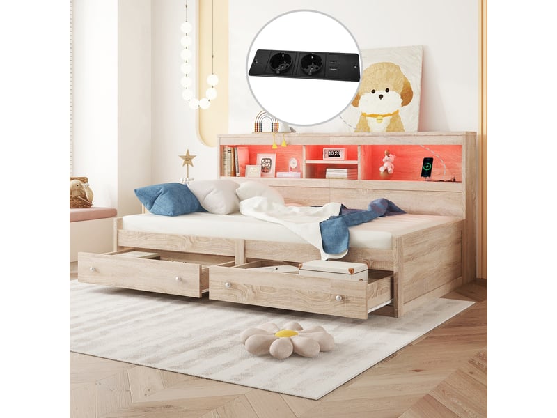  Lit banquette 90x200 cm - lit enfant multifonction avec ports usb et lumière led intégrée - structure mdf robuste - sans matelas - couleur naturel  - Conforama B