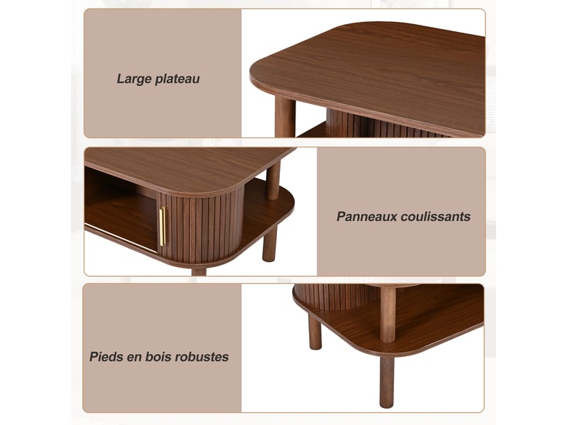  Table basse 110 x 55 x 45 cm - porte coulissante rainurée - rangement ouvert - mdf et bois - noyer  - Conforama E
