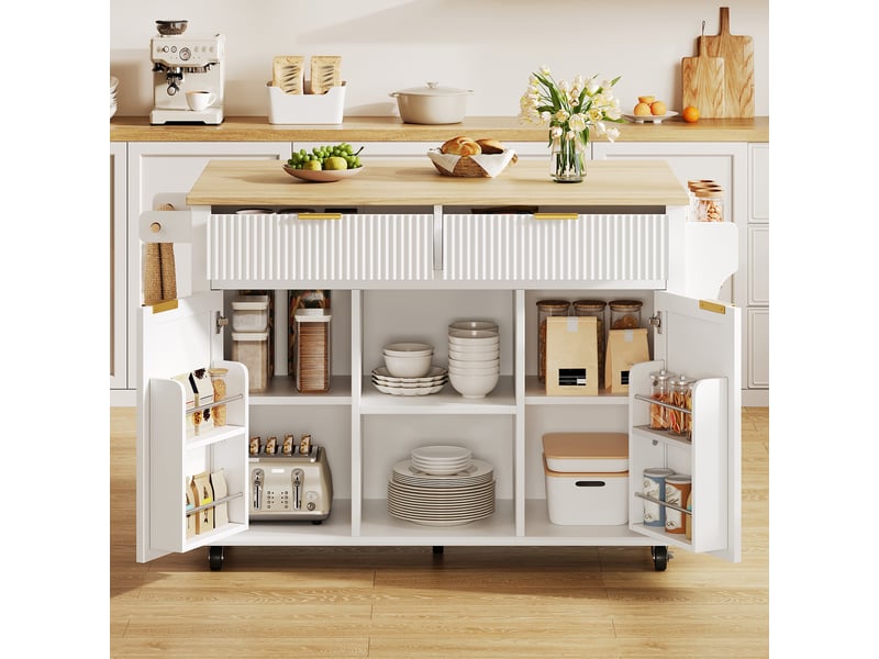  Desserte de cuisine,143x45x89.5 cm,à roulettes,mdf,blanc et naturel  - Conforama B