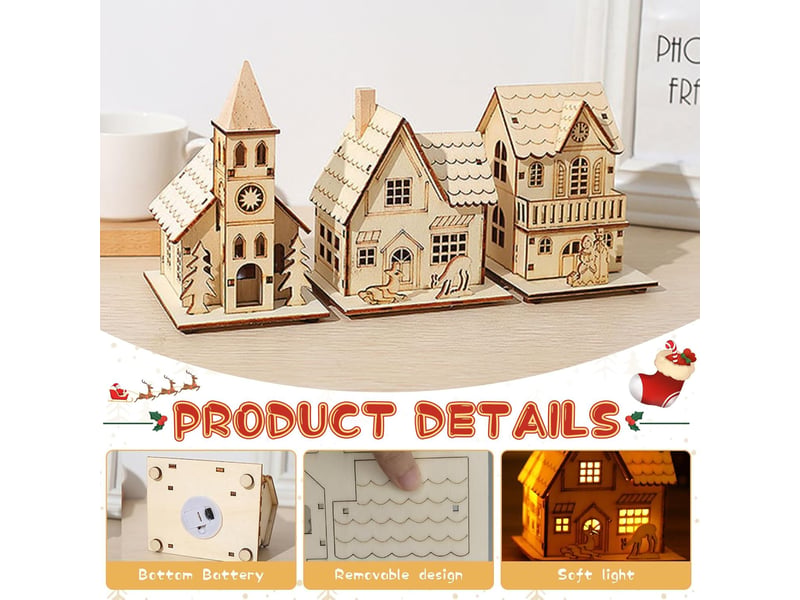  Maison village de noel miniature avec des lumières décoration de table de vacances de noël 3pcs  - Conforama D