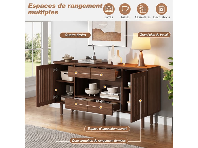  Buffet salon couleur noyer, meuble de rangement 140 cm avec 4 tiroirs et 2 portes à lattes  - Conforama E
