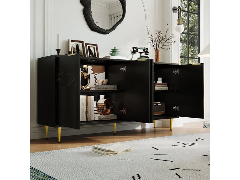  Buffet, noir, mdf et panneau de particules, 160 × 40 × 80 cm, 4 portes, étagères réglables, poignées dorées, façades brillantes  - Conforama E