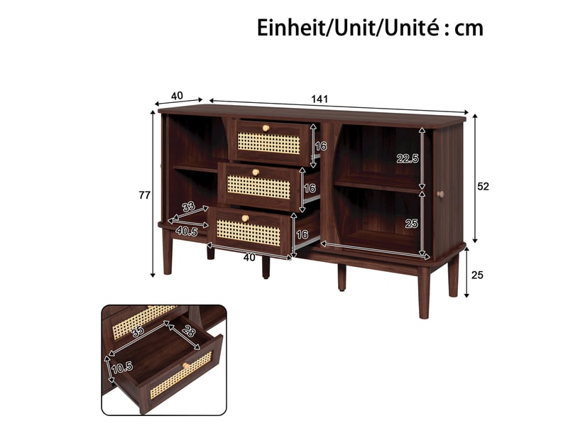 Buffet 141 x 40 x 77 cm en mdf, 3 tiroirs en rotin, portes coulissantes, noyer - Conforama B