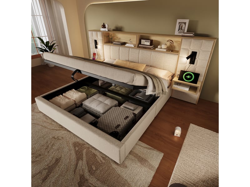 Lit coffre hydraulique 160 x 200 cm beige rembourré en lin, led et usb-c - Conforama D