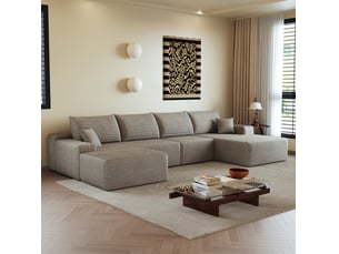 Canapé d'angle modulable 5 places en velours côtelé camel, avec chaise longue l, 340 cm, sans montage
