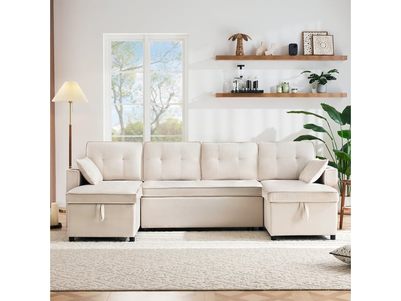 Canapé convertible en u 4 places tissu aspect lin beige avec coffre de rangement intégré - Conforama B