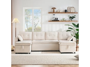 Canapé convertible en u 4 places tissu aspect lin beige avec coffre de rangement intégré