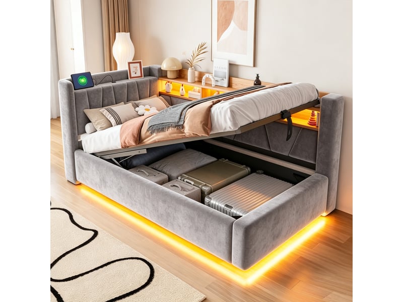  Lit banquette coffre 90 × 200 cm en velours gris, led et usb IKSETERA TRADING LTD - Conforama B