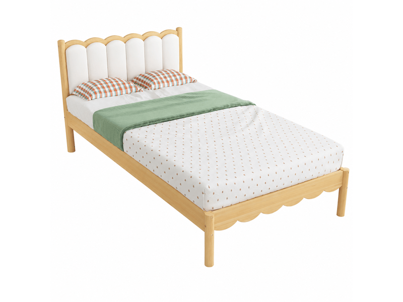  Lit enfant rembourré 90x200 cm avec tête ondulée en pu et sommier à lattes, cadre en bois massif, beige et naturel  - Conforama A