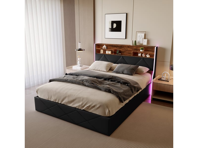 Lit coffre 140x200cm - lit double 140x200 - lit adulte 140x200 - tête de lit avec led et ports usb - design géométrique - noir - Conforama C