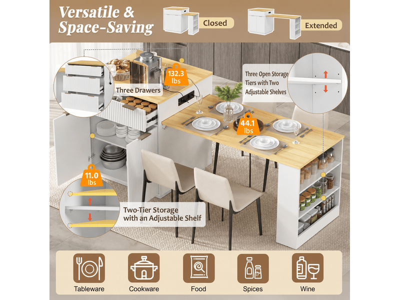  Desserte de cuisine extensible avec 4 tiroirs, étagères réglables, led et prises usb pour cuisine et salle à manger, blanche  - Conforama E