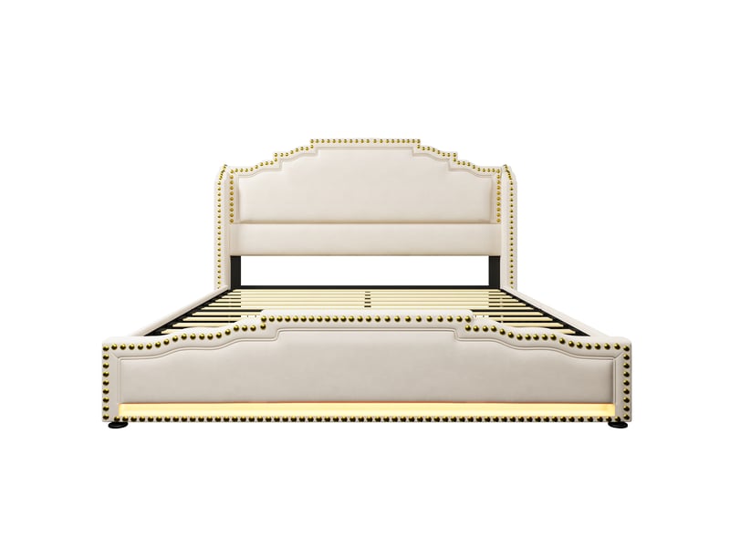  Lit double 160x200 cm beige en velours, 4 tiroirs de rangement, led et usb-c, avec matelas  - Conforama D