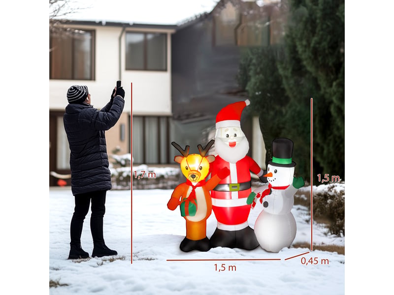  Père noël gonflable de 150 cm avec rennes et bonhomme de neige, lumières led et gonfleur électrique pour jardin et pelouse extérieurs.  - Conforama E
