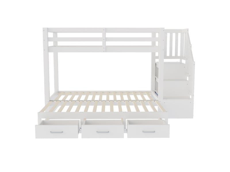 Lit superposé bois blanc 90x200 cm, lit gigogne 90180x190 cm, escalier rangement et tiroirs - Conforama A