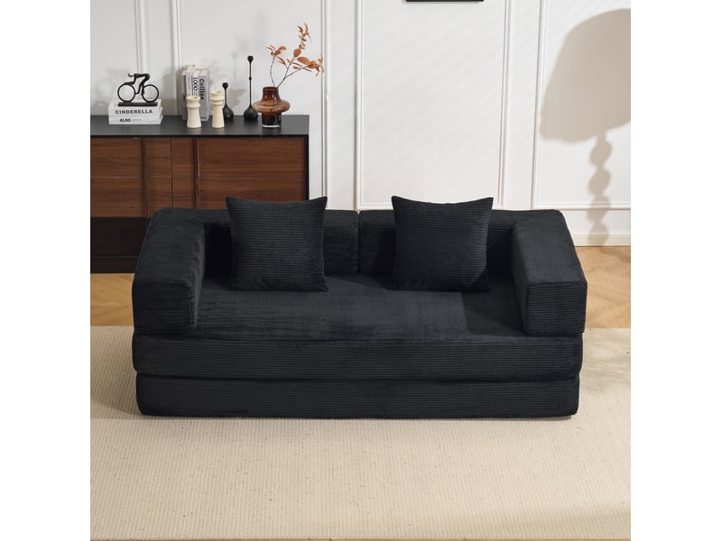  Canapé convertible au sol 2 places pliable avec accoudoirs et coussins en velours côtelé noir, 185 × 92,5 × 60 cm  - Conforama E