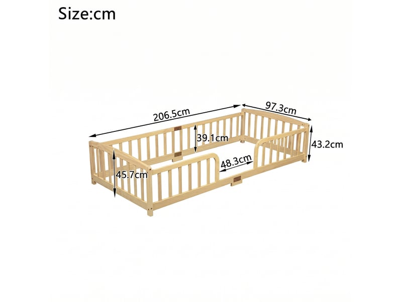  Lit simple modenvie au sol 90 x 200 cm avec barrières de sécurité en bois de pin coloris bois naturel  - Conforama C