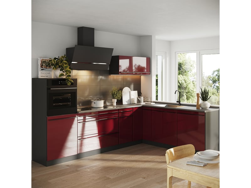  Vicco cuisine en angle, rouge brillantanthracite, 287 x cm plan de travail chêne doré  - Conforama C