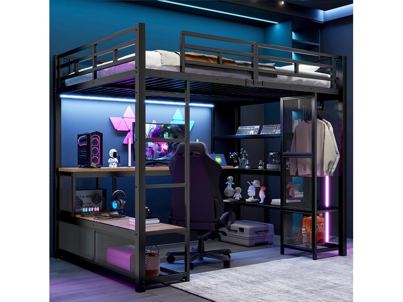  Lit mezzanine 140x200 cm en métal avec bureau, dressing ouvert, usb et led noir  - Conforama E