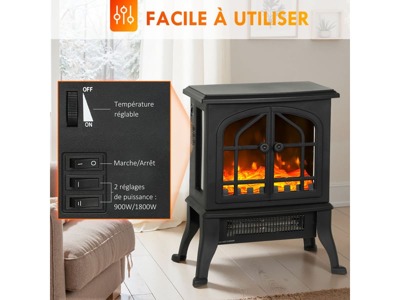  Cheminée électrique avec effet flamme 3d, 1800900 w, fausse cheminée décorative, thermostat réglable, 39x24x48cm, noir  - Conforama R