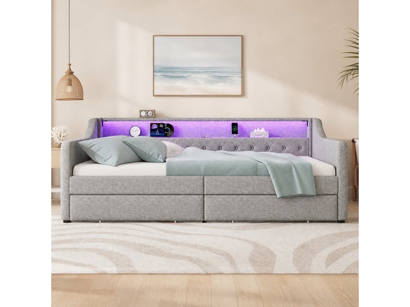 Lit banquette avec sommier à lattes, deux tiroirs, éclairage led à télécommande et prise usb, en lin gris - Conforama B