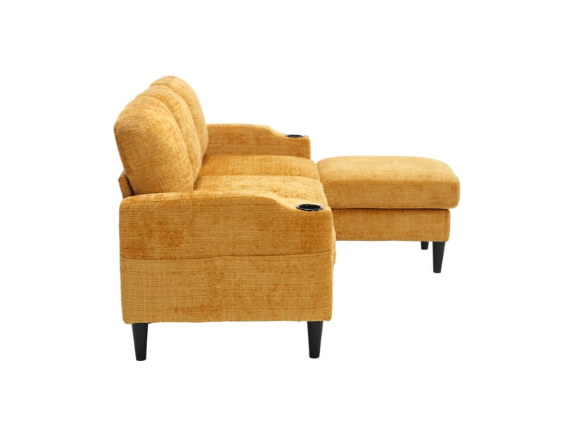  Canapé droit 196x75x77cm avec repose-pieds de rangement, porte-gobelet, poches latérales, accoudoirs, chenille jaune  - Conforama E