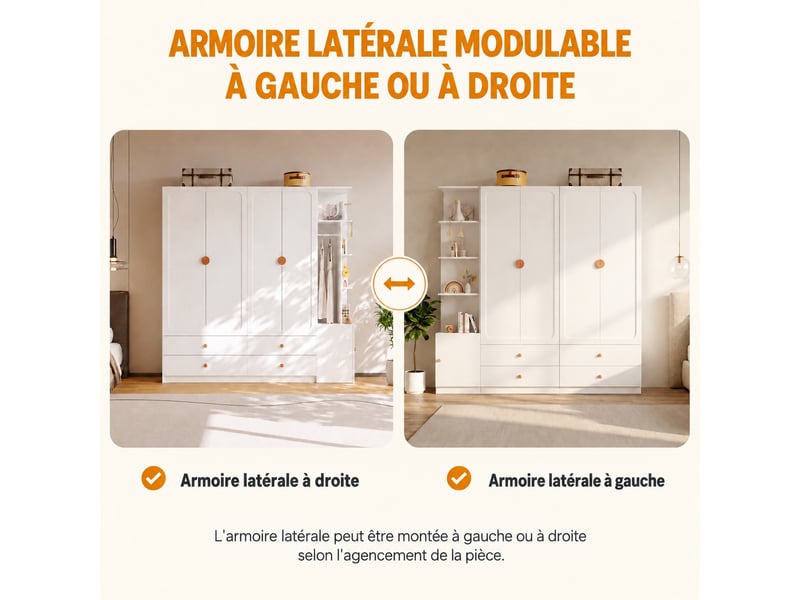Grande armoire de chambre 225 x 45 x 200 cm, avec 5 portes et 4 tiroirs, 3 tringles, poignées en bois massif, blanc - Conforama E