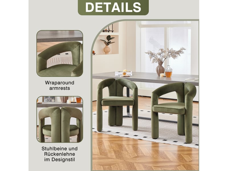  Lot de 2 chaises de salle à manger vertes en velours avec accoudoirs, design moderne minimaliste  - Conforama B