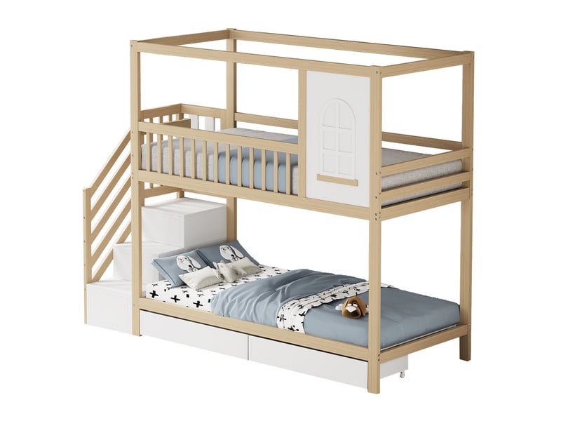  Lit superposé enfant 90x200 cm en bois, forme maison, tiroirs, coloris naturel  - Conforama A