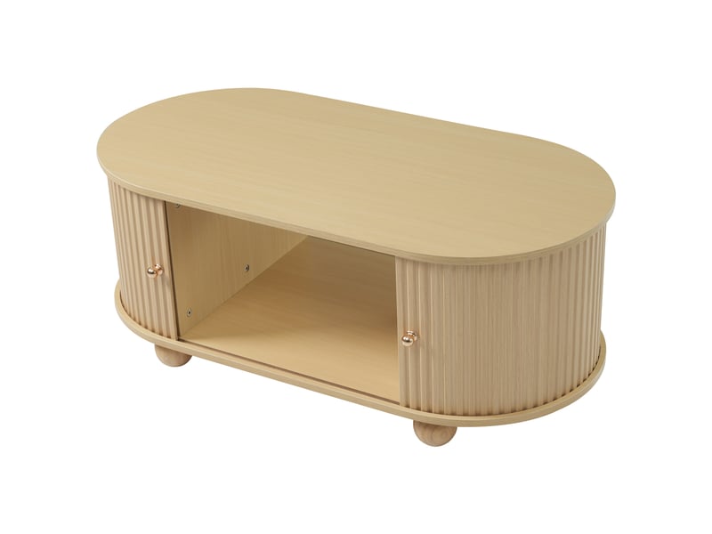 Table basse ovale effet bois, rangement avec portes coulissantes, meuble multifonction gain de place - Conforama D