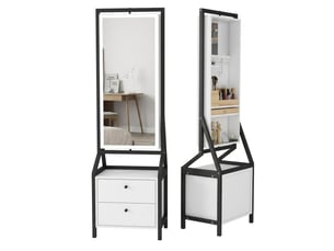 Armoire à bijoux pivotante à 360° avec grand miroir sur pied – Meuble psyché de rangement avec 2 tiroirs et étagères arrière pour maquillage et accessoires – Blanc