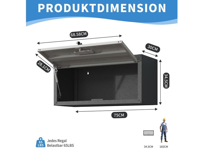 Armoire à outils murale 75 x 30 x 34,5 cm noire et grise en acier, porte relevable avec serrure - Conforama C