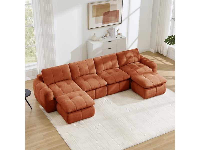 Canapé panoramique modulable 4 places en chenille orange – 334 x 160 x 68 cm Fay Lum - Conforama W