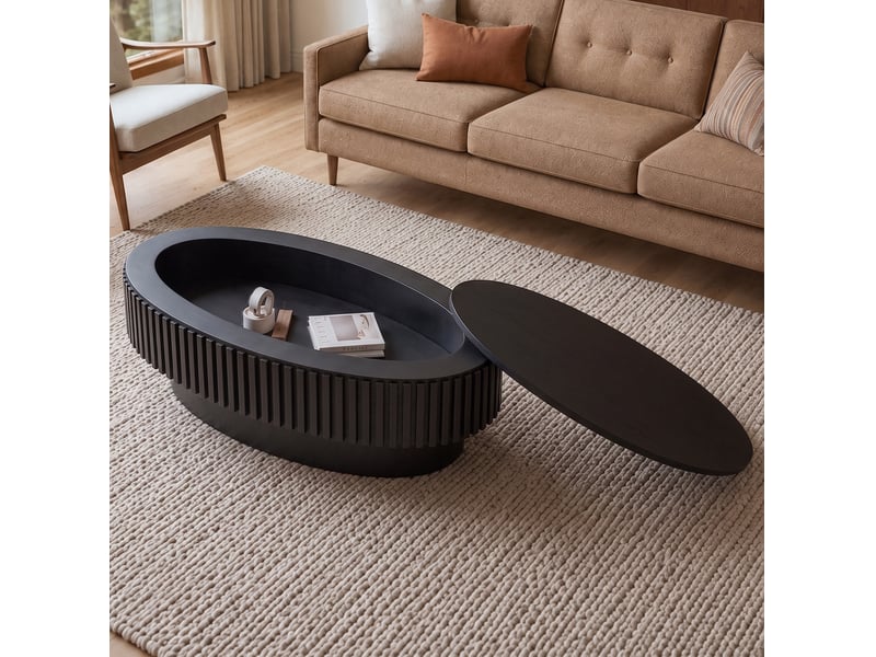  Table basse ovale 98x60x35 cm avec rangement dissimulé mdf et bois noir mat  - Conforama B