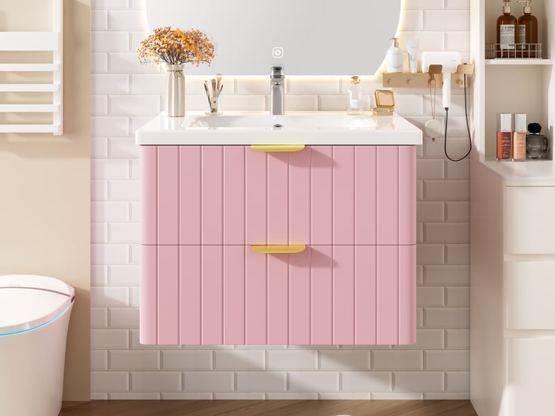 Meuble vasque suspendu rose avec lavabo céramique 60,5 cm - rangement 2 tiroirs gain de place - Conforama D
