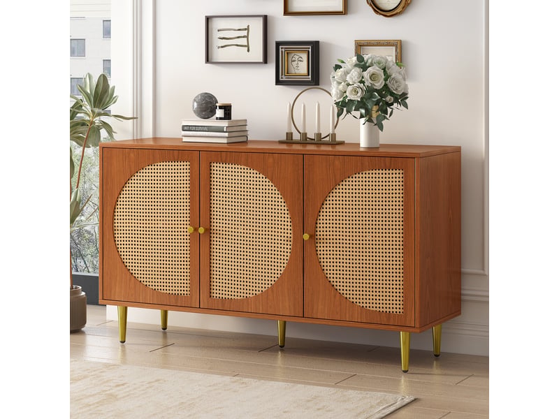  Buffet enfilade noyer 3 portes rotin 130 cm meuble de rangement salon  - Conforama B