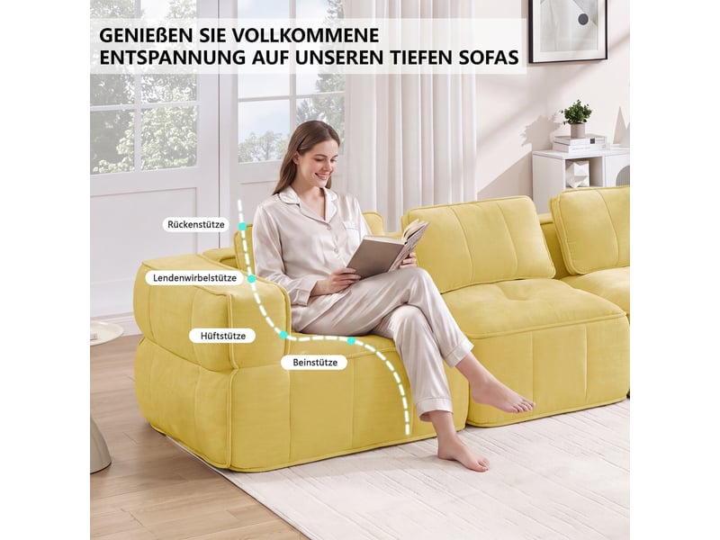  Canapé modulable, canapé 4 places, en tissu, jaune, pour salon, pour intérieur, mobilier pour espace de vie  - Conforama E