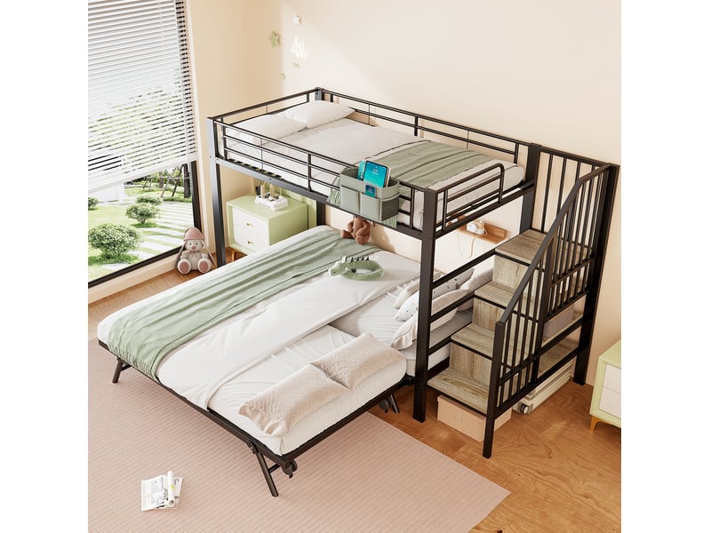  Lit superposé enfant 90x200 cm avec lit gigogne, escalier de rangement, noir  - Conforama D