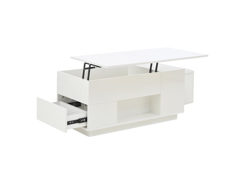  Table basse 4 en 1 (100 x 50 x 45 cm) réglable en hauteur avec éclairage led, table basse avec 2 tiroirs, table d'appoint laquée avec 2 tabourets, table de chevet avec rangement dissimulé, charge maximale 50 kg, blanche  - Conforama D