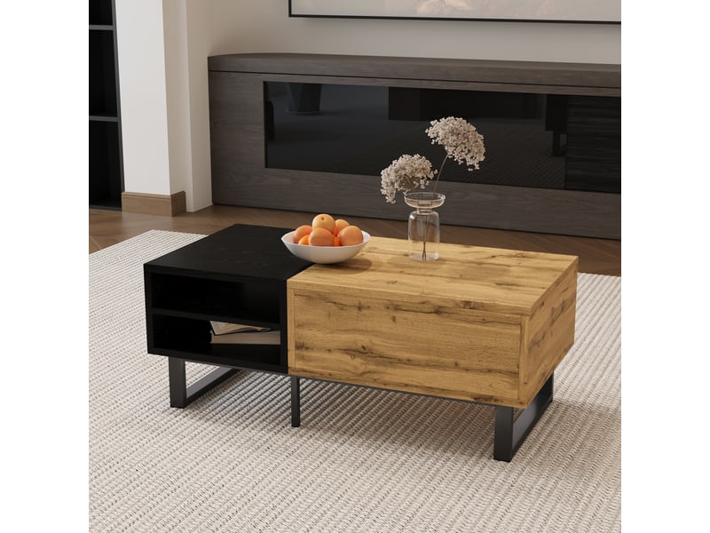  Table basse avec 3 niches et tiroir de rangement pour salon en panneaux de particules 100×50×40 cm bois et noir  - Conforama C