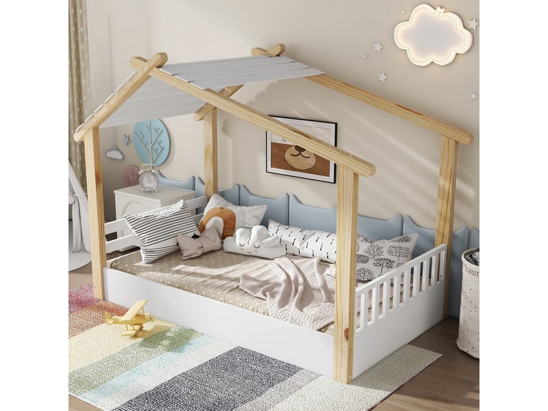  Modenvie lit cabane enfant 90x200 cm - sommier à lattes inclus, sans matelas - blanc et naturel  - Conforama D