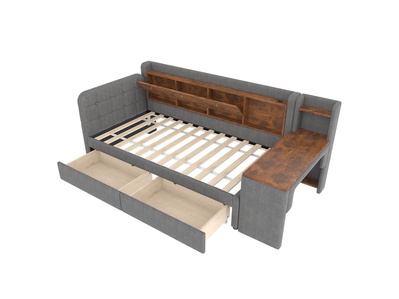 Lit banquette gris 90x200 cm avec bureau, 2 tiroirs, rangements, usb et type-c - Conforama D