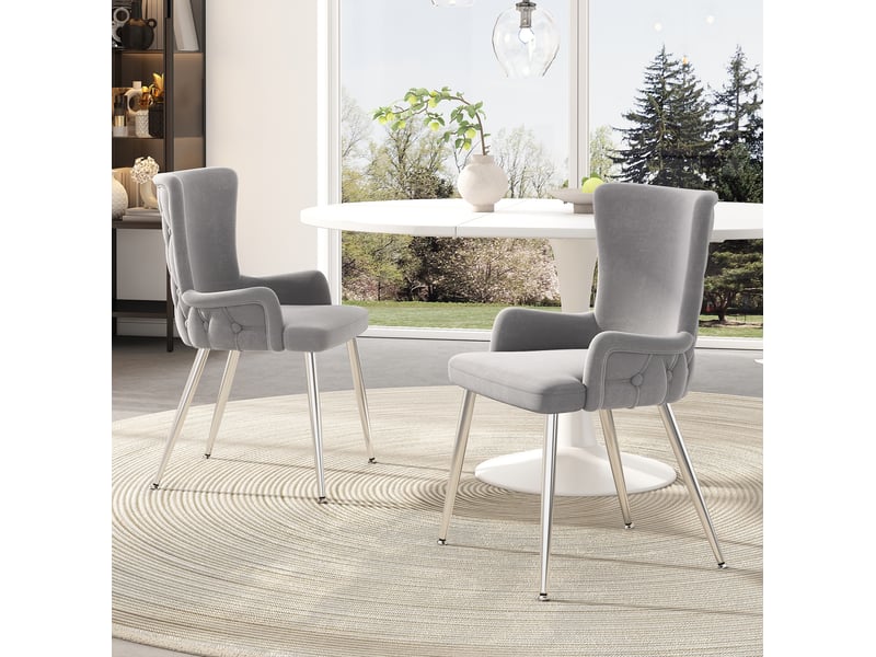  Lot de 4 chaises 49x47x85cm avec pieds en métal argenté, dossier à design de boutons, style élégant, velours, gris  - Conforama C
