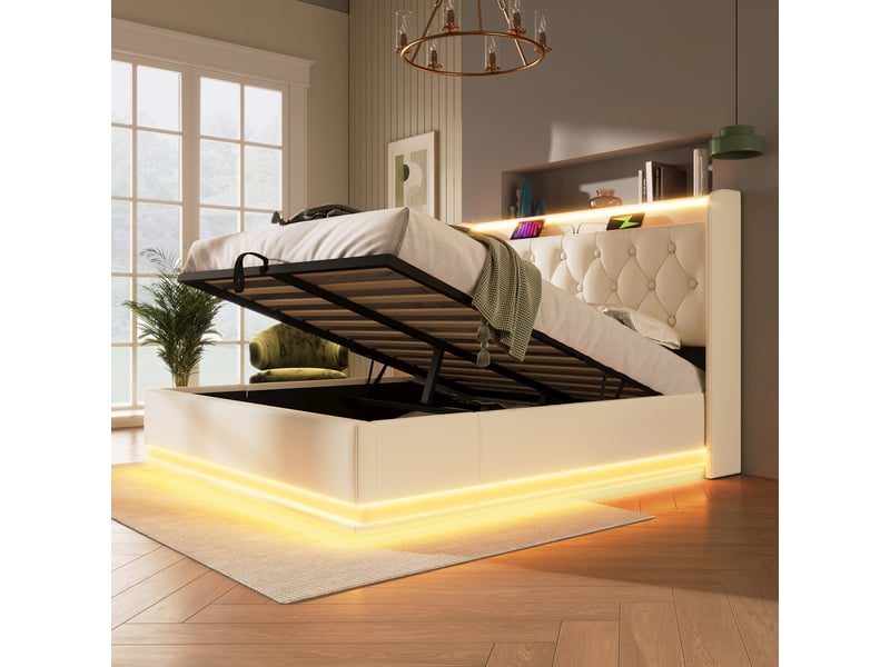  Lit rembourré double 160*200 cm avec led 360°, usb-c, coffre hydraulique et sommier à lattes, blanc pu, matelas inclus  - Conforama E