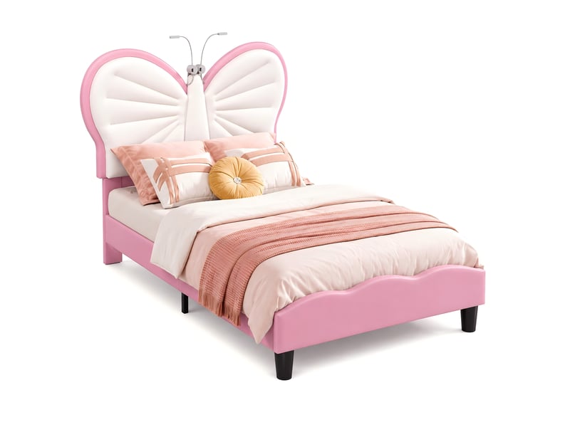  Lit enfant fille 90x190 cm, lit simple rembourré en velours avec tête de lit papillon et lampe de lecture led, hauteur réglable, rose et blanc  - Conforama A